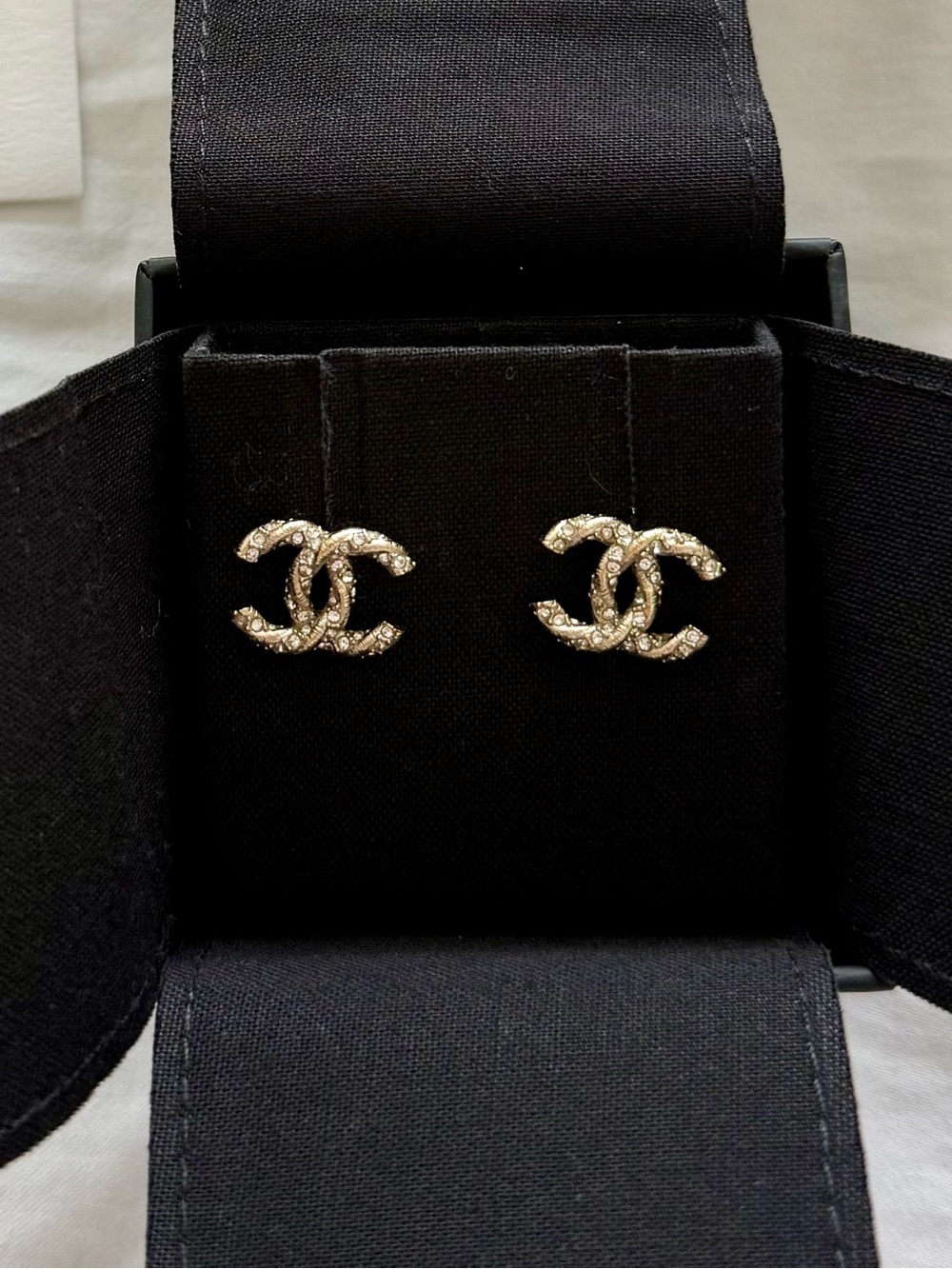 CHANEL Gold Crystal CC Logo Stud Earrings
